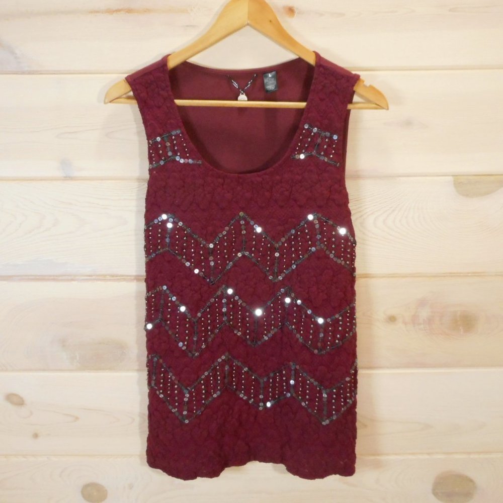 BKE Boutique Women's L Tank Top Burgundy Silver Sequins Sleeveless